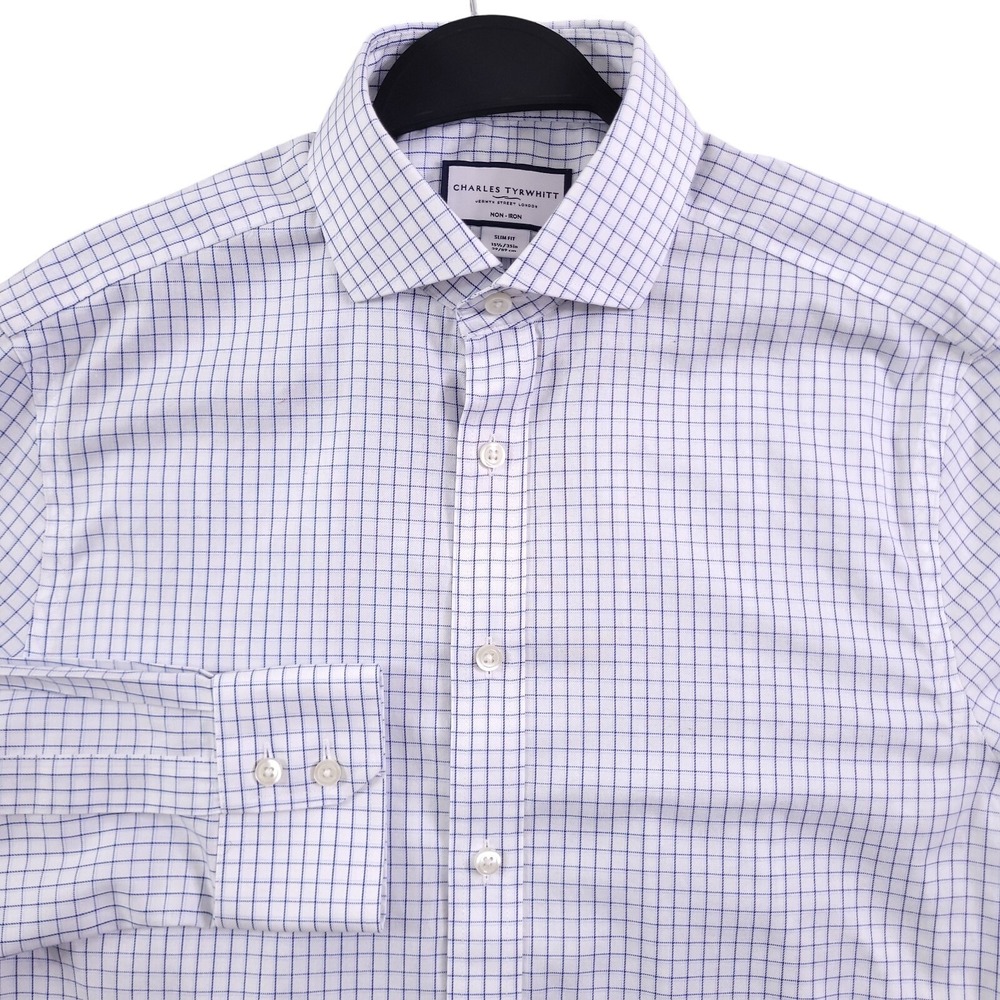 Charles Tyrwhitt Dress Shirt Mens 15.5 35 Slim Fit Non Iron White Blue Check